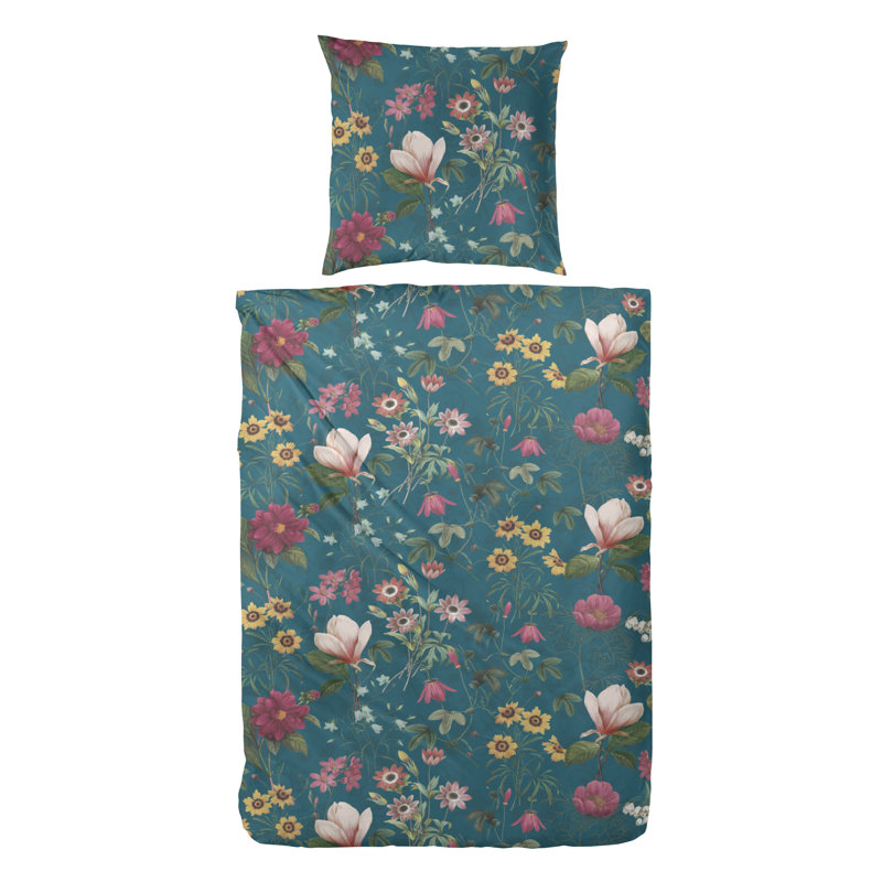 Kurie Cotton Floral Duvet Cover Set with Pillow Shams Included, Green, 155 x 220 cm - 1 Pillowcase (80 x 80 cm)
