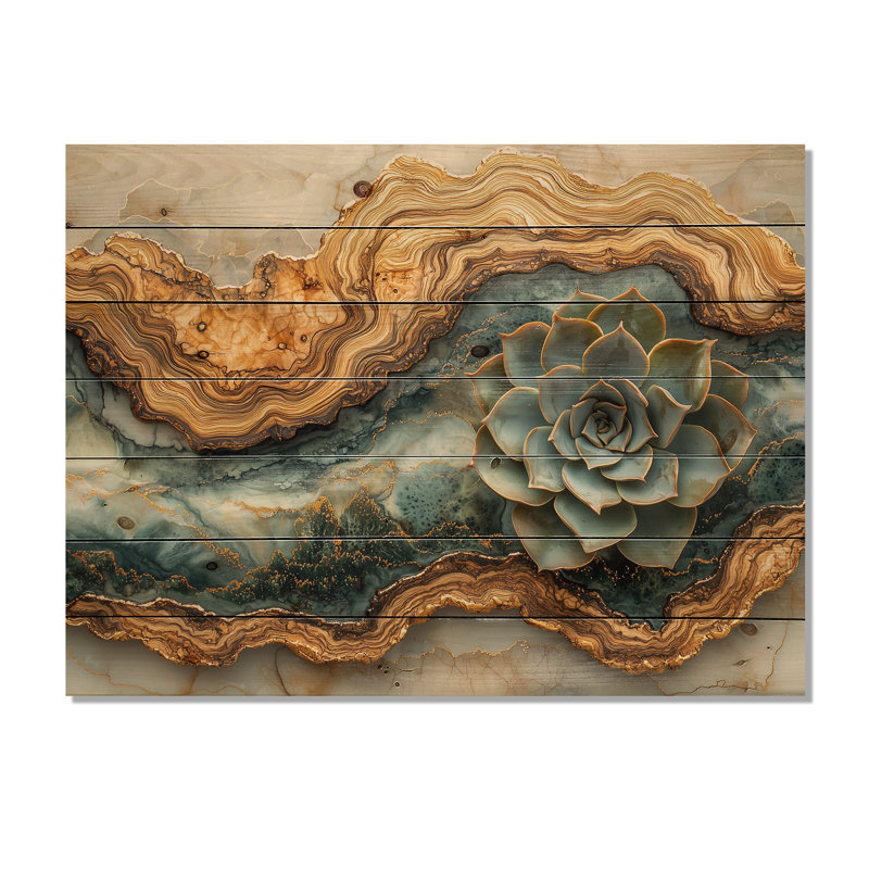 Wooden Succulent Flowers Into The River III - Succulent Wood Wall Art - On Natural Pine Wood, 30" H x 40" W x 0.78" D