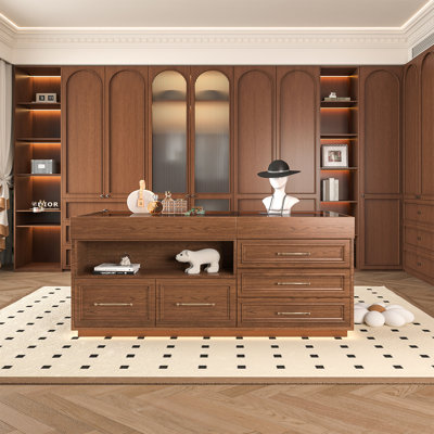 Comptoir rectangulaire en verre trempé transparent de 55,12 po, structure en bois massif brun, armoire de rangement pour bijoux