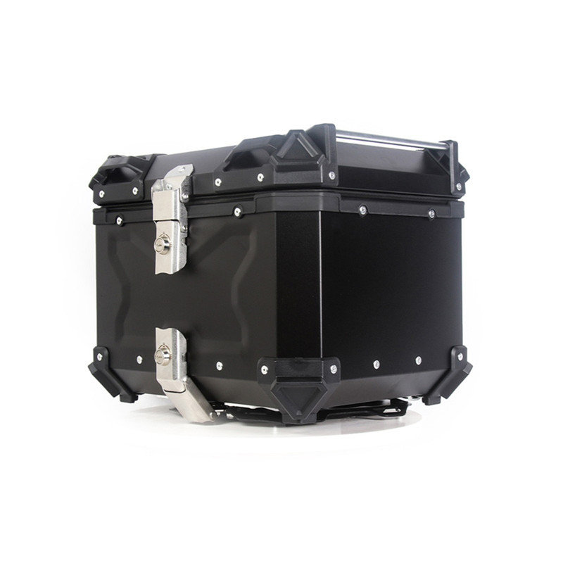 Coffre de moto, boîte de queue de moto de 45 L, coffre de moto en alliage d'aluminium imperméable, boîte de rangement pour bagages avec couvercle de sécurité unique, plaque de base et outils d'installation