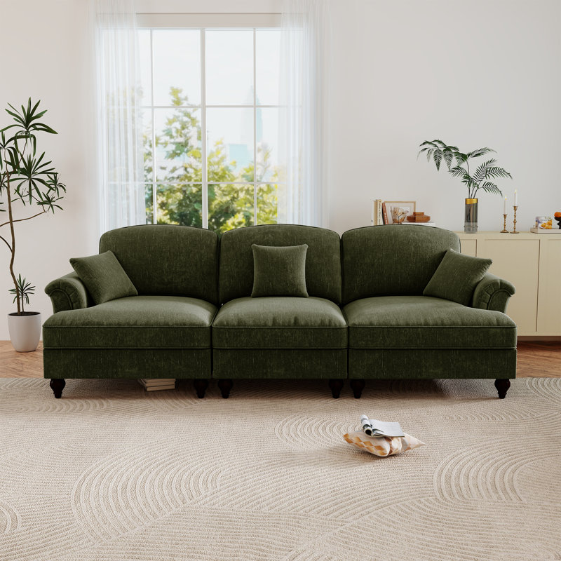 Mid Century Upholstered Loveseat,Three Seater Sofa Couch With Flared Arms And Removable Ruffles Pleats Skirts, Green