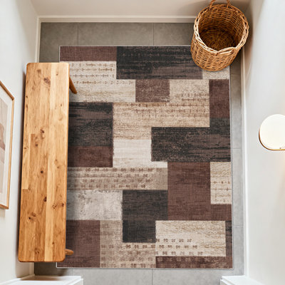 Retro Block Geometry Rug for Living Room, Low Pile Throw Rugs with Rubber Backing, Performance Rug for Bedroom, Dining Room, Retro Rug for Home Decor, Washable Indoor Outdoor Rugs, Ideal For High Traffic Areas