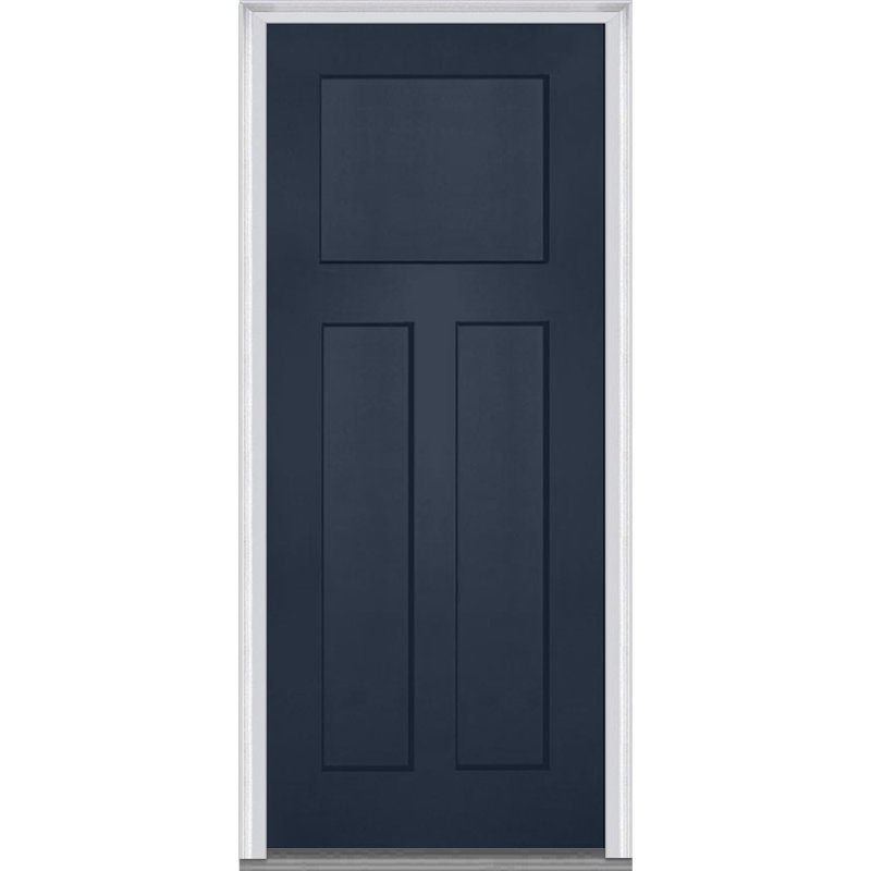 Porte d'entrée pré-suspendue en fibre de verre 3 panneaux Craftsman Shaker, H 80 po x l 36 po x P 1,75 po, Main droite, Naval