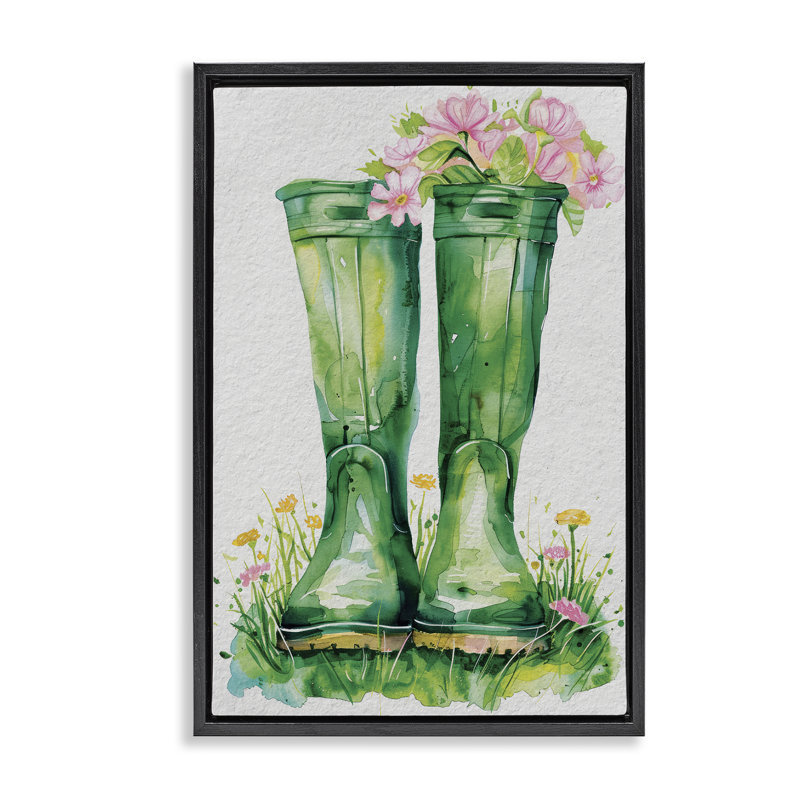 Stupell Industries Spring Blooms Green Rainboots Floater Frame Canvas Wall Art Design By Daisy A., 31" H x 21" W