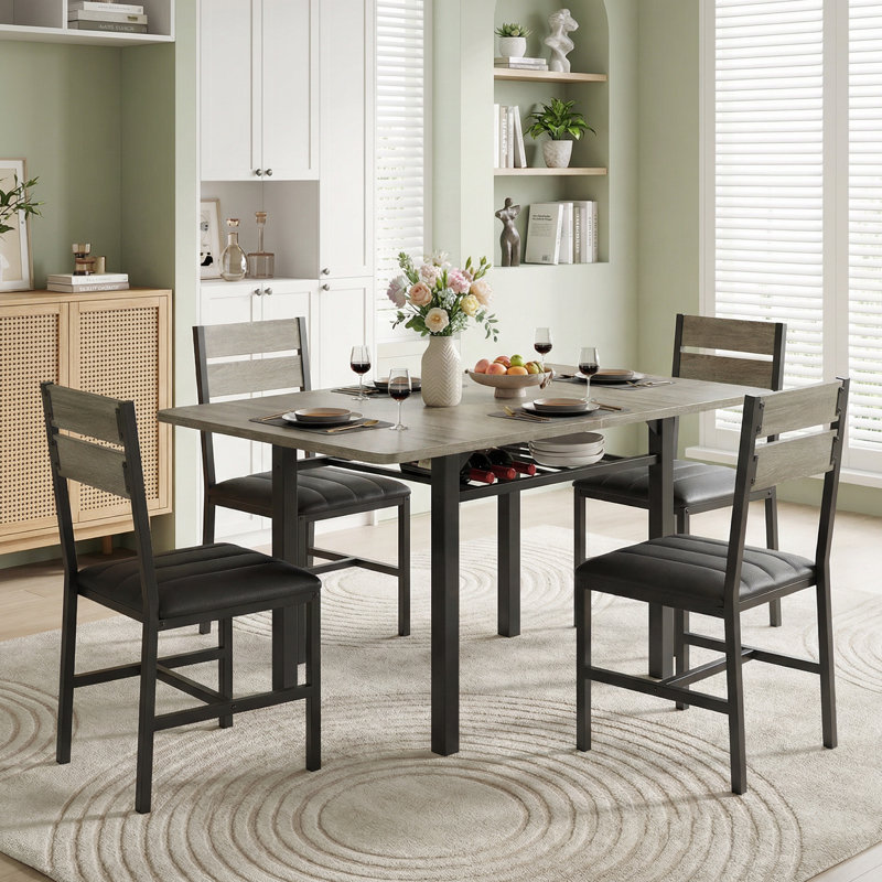 5-Piece Extendable Dining Table Set with Storage Shelf, Foldable Table & 4 PU Leather Chairs, Gray/Black