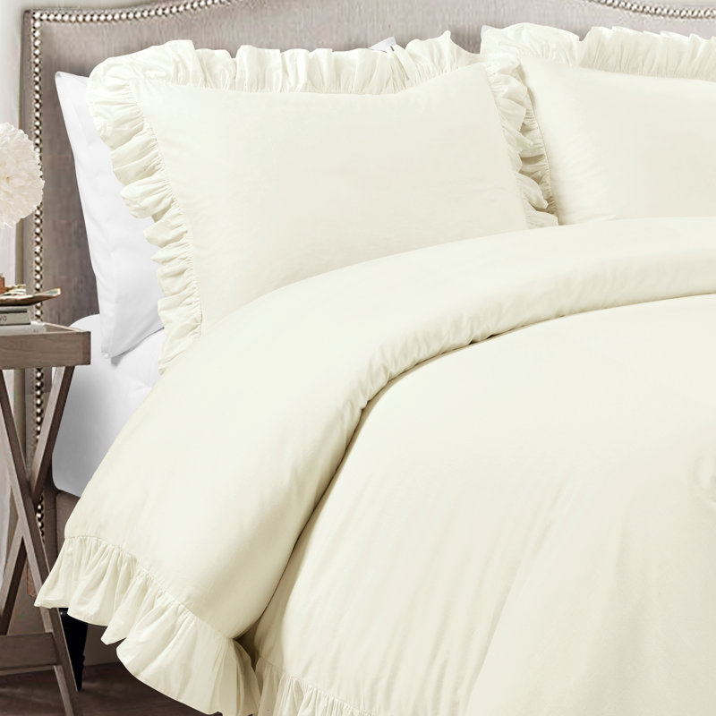 Ivory Full/Queen Ruffled Cotton Duvet Cover Set