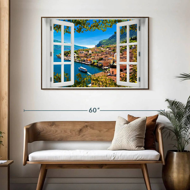 Fenêtre sur Limone Sul Garda, 46 po x 31 po, Cadre flottant noyer
