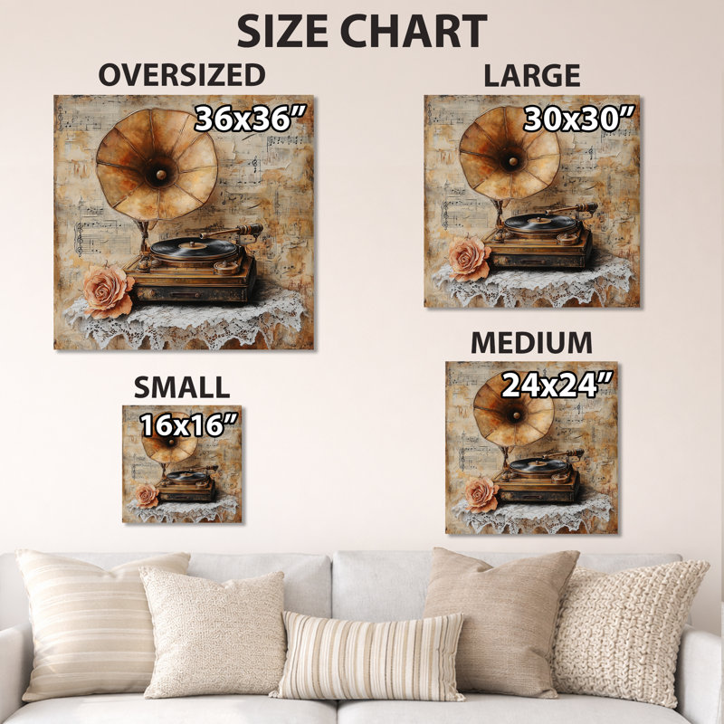 «1930 Gramophone Melody», art mural rétro en métal, impression traditionnelle sur métal, L 23 po x H 23 po