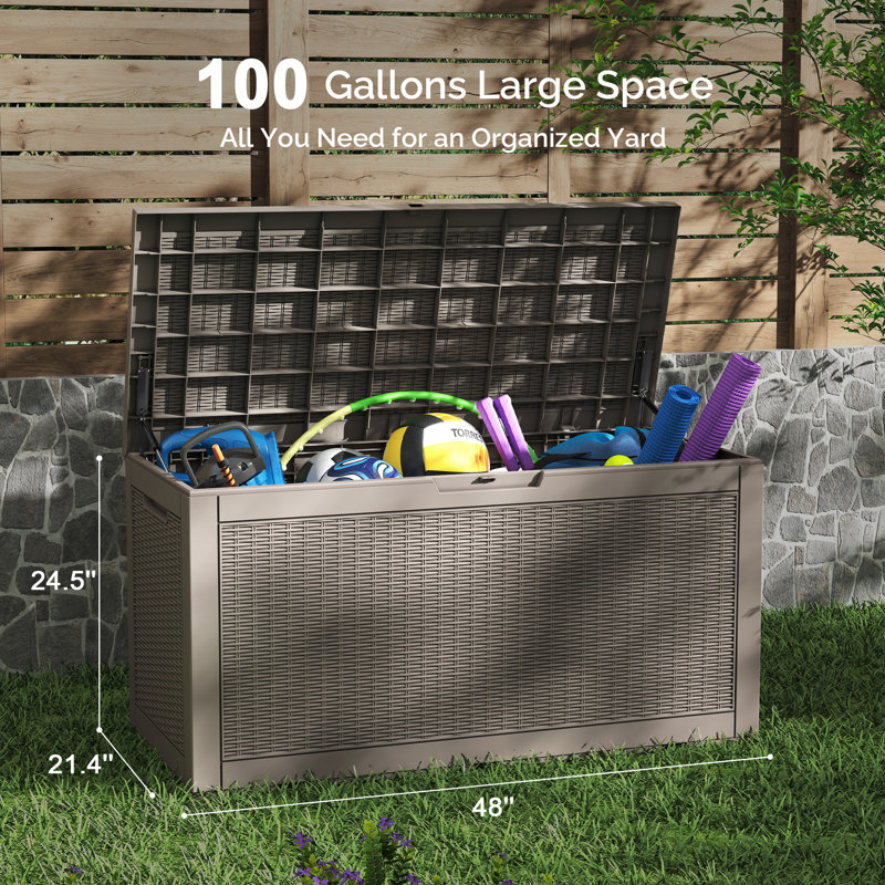 100 Gallon Deck Box, Outdoor Storage Box with Gas Struct, Waterproof Resin Storage Bin for Patio Cushions, Pool Supplies, Lockable, UV Resistant, Black