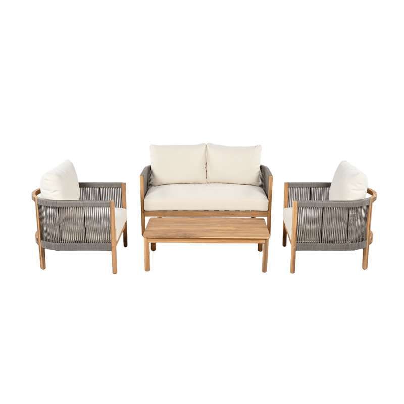 Harrill Outdoor 4-Piece Conversation Set With Cushions, Teak Finish/Gray Rope