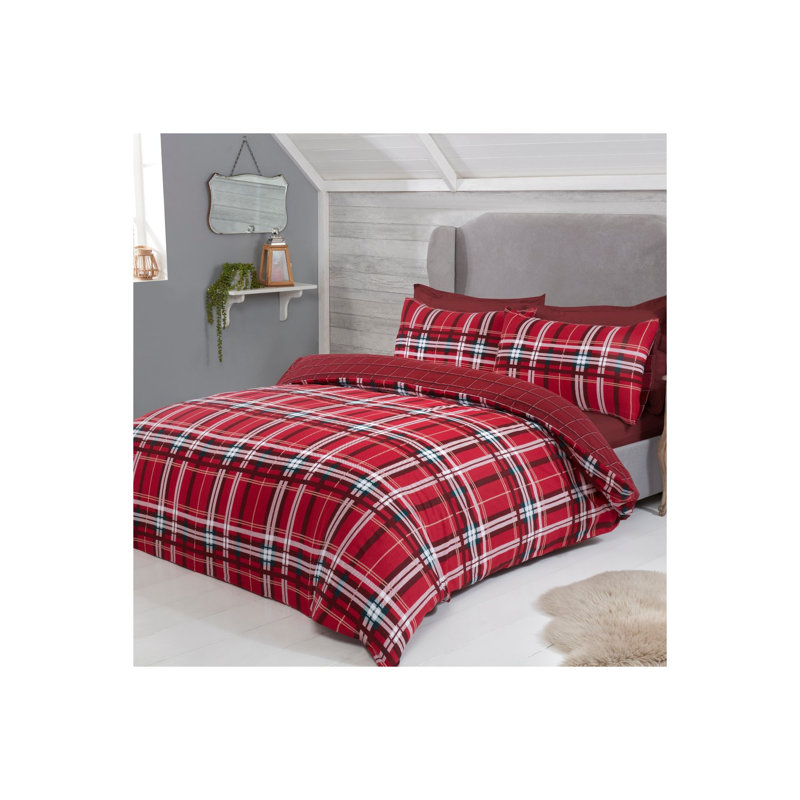 Nicci Cotton Chequered Duvet Cover Set with Pillowcases Included, 230 x 220cm Duvet Cover + 2 Standard, Red