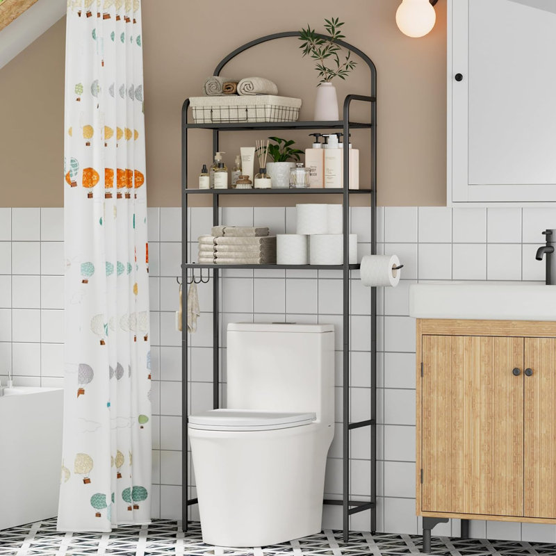 3-Tier Over The Toilet Storage Shelf With 4 Hooks And Paper Holder - Space-Saving Bathroom Organizer, Sturdy Metal Construction, Adjustable Height For Versatile Use