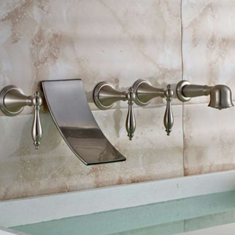 Brushed Nickel Triple Handle Wall-Mounted Waterfall Tub Faucet – Elegant Design with Hand Shower