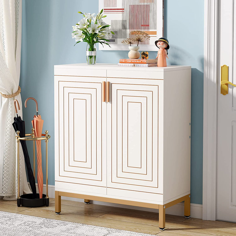 20 Pair Shoe Storage Cabinet, White/Gold