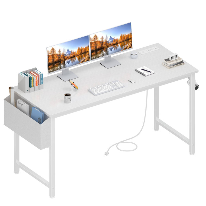 Bureau d'écriture rectangulaire avec prises de courant, Blanc, H 29,52 po x l 55,1 po x P 18,9 po