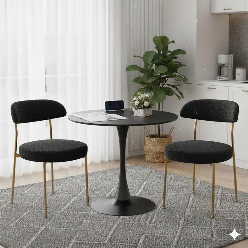 Round Dining Table Sets With 2 Chairs, Black/Gold, Black