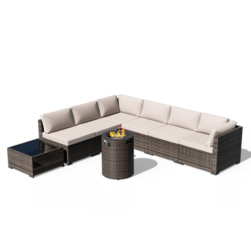 Sectional Seating Group With Fire Pit, Beige