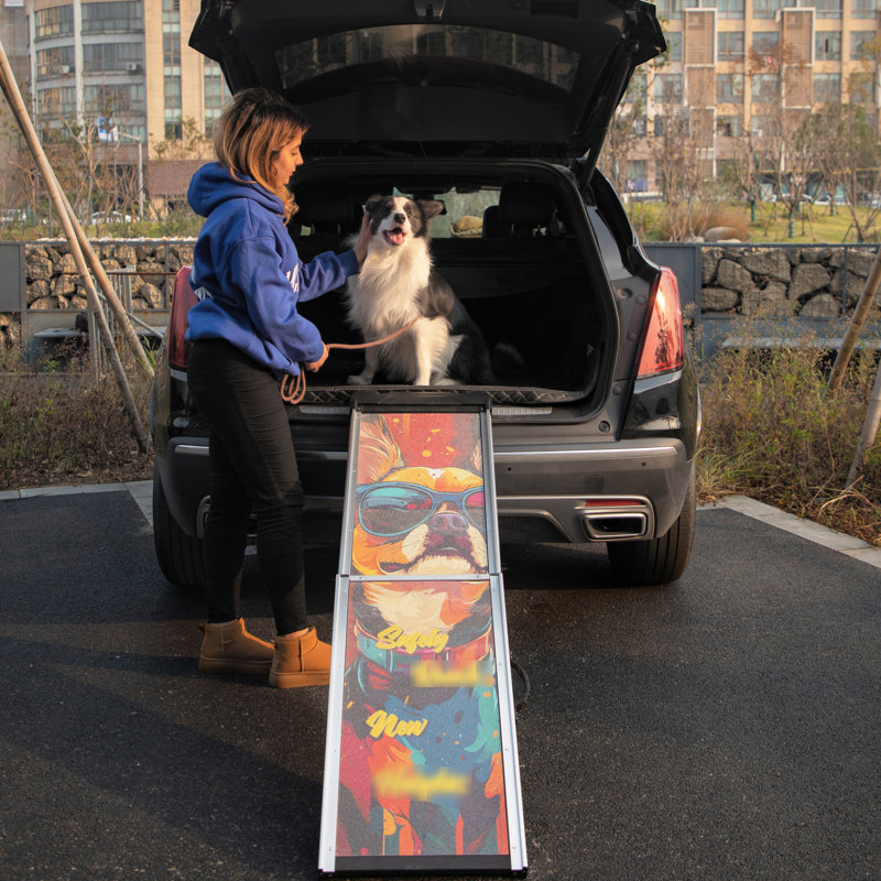 Rampe rétractable pour animaux de compagnie pour véhicules utilitaires sport, surface antidérapante et structure stable, décorée avec des motifs sympas de marches télescopiques, sangle en tissu, chats de chiens âgés convenables