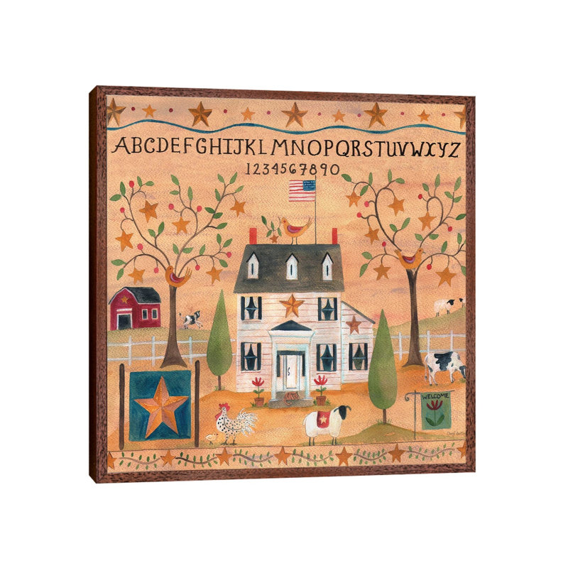 Star Bird Farm Sampler by Cheryl Bartley - Painting on Canvas, Classic Brown Wood Framed, 66.04cm H x 66.04cm W x 3.81cm D