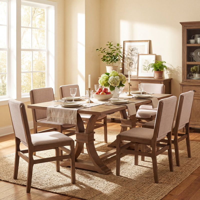 Ensemble de table de salle à manger extensible en bois d'hévéa 7 pièces avec chaises rembourrées Alagie