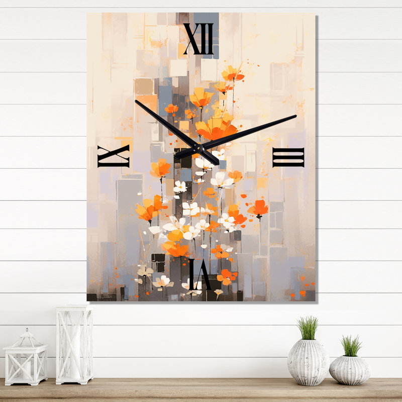Horloge murale florale orange et gris, Médium