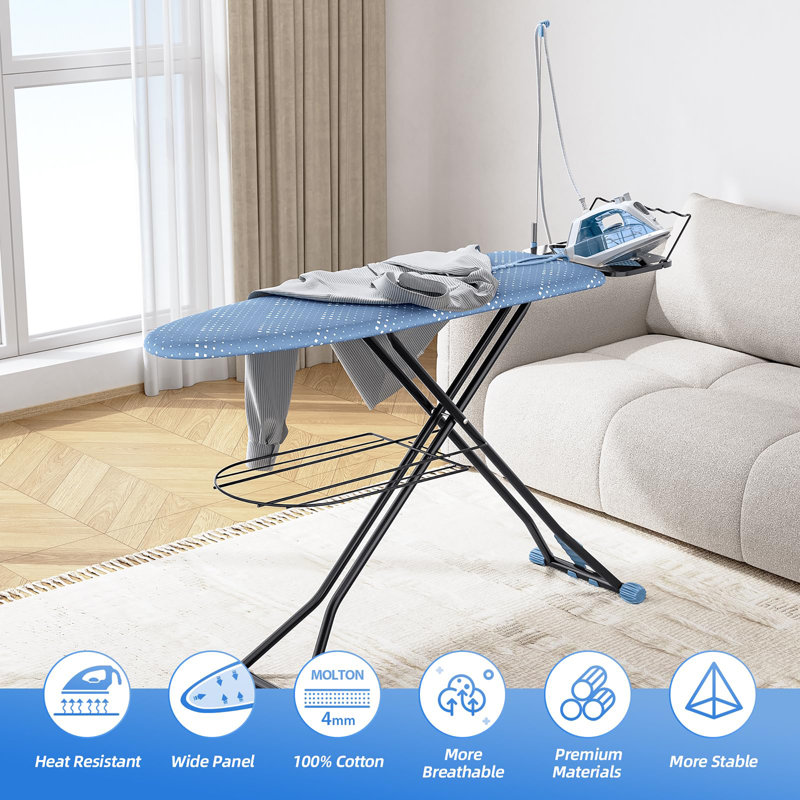 Full Size Compact Ironing Board with Extra Thick Cover, 7 Adjustable Height Stands with Hanger and Ironing Board, Large Heavy Duty Ironing Board with Storage Tray
