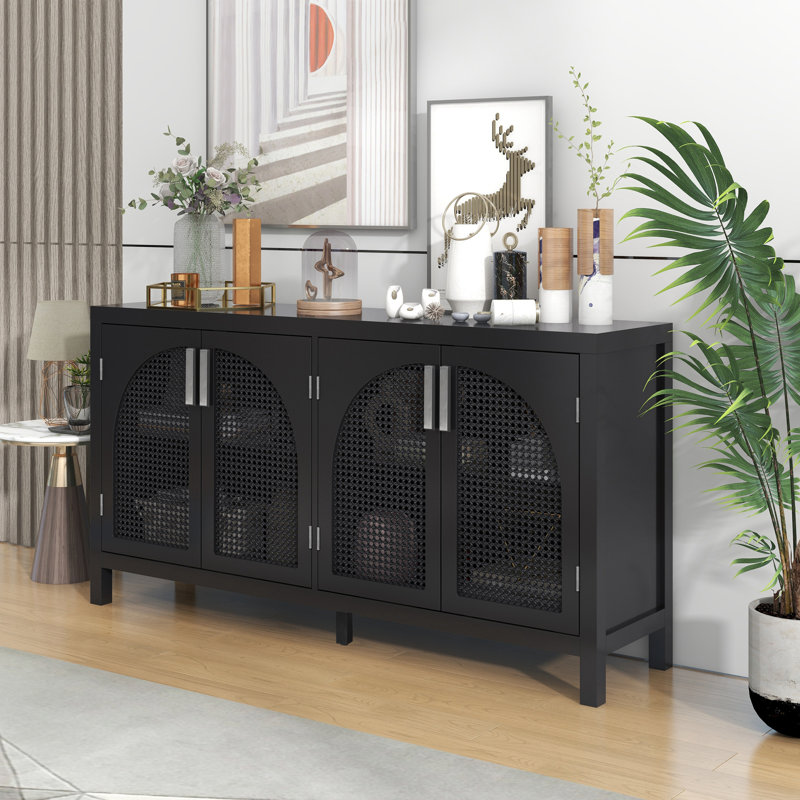 Black 60'' MDF and Rattan 4-Door Sideboard
