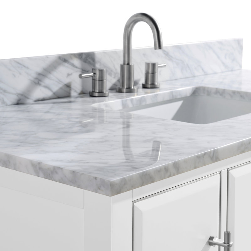 Mason 48" Single Bathroom Vanity with Carrara Marble Top, Carrara White, White, Brushed Silver
