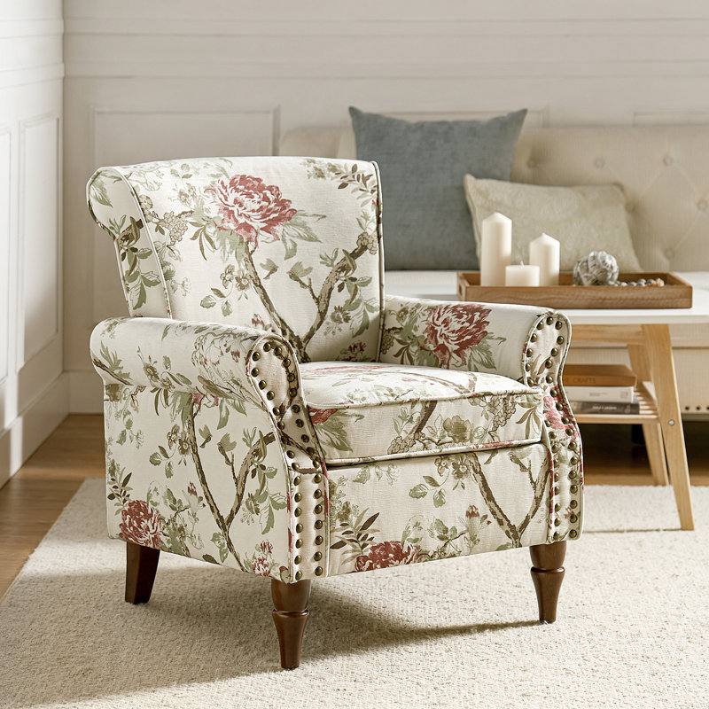 Araceli Floral Wooden Upholstered Accent Chair with Nailhead Trim, Floral