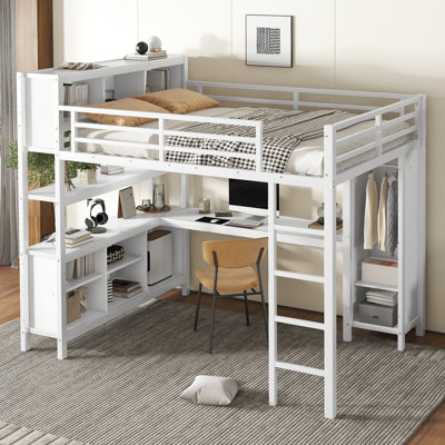 Metal Loft Bed with L-Desk, Wardrobe, Storage Cubes & Shelves – Heavy-Duty Loft Bed for Teens and Adults