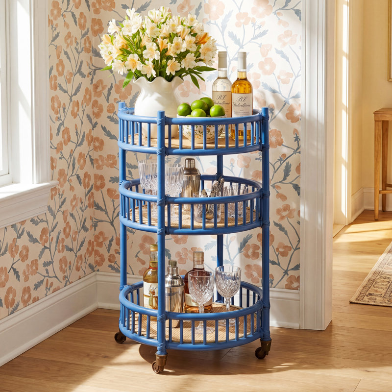 Benedict Verandah Handmade Cane and Rattan Bar Cart with Brass Casters in Blue, Blue