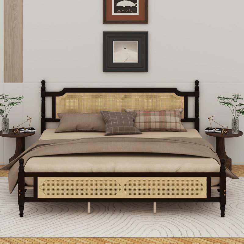 Pine Wood Bed With Rattan Headboard And Footboard, Espresso, King