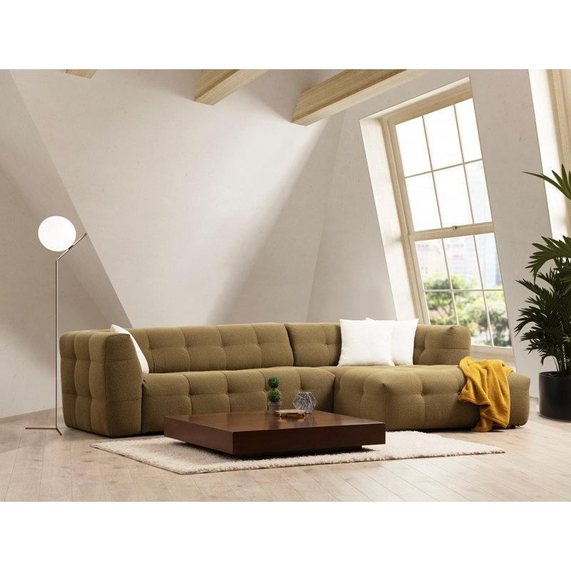 Stylish Corner Sofa, Khaki Fabric, 118 x 59 x 28.3 inches | Beech Wood & Chipboard Frame, 100% Polyester, 28 DNS Foam for Comfort | Fixed Cushions, Dry-Cleanable, Perfect for Living Room & Family Spaces