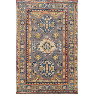 Tapis gris à motif géométrique fait à la main Kazak 3 x 4