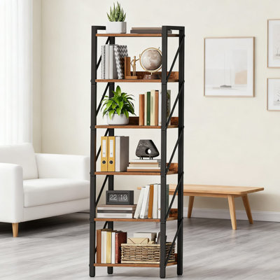 Bibliothèque industrielle à 6 niveaux avec structure en métal, grande bibliothèque de rangement pour le salon, la chambre à coucher, le bureau personnel et la cuisine