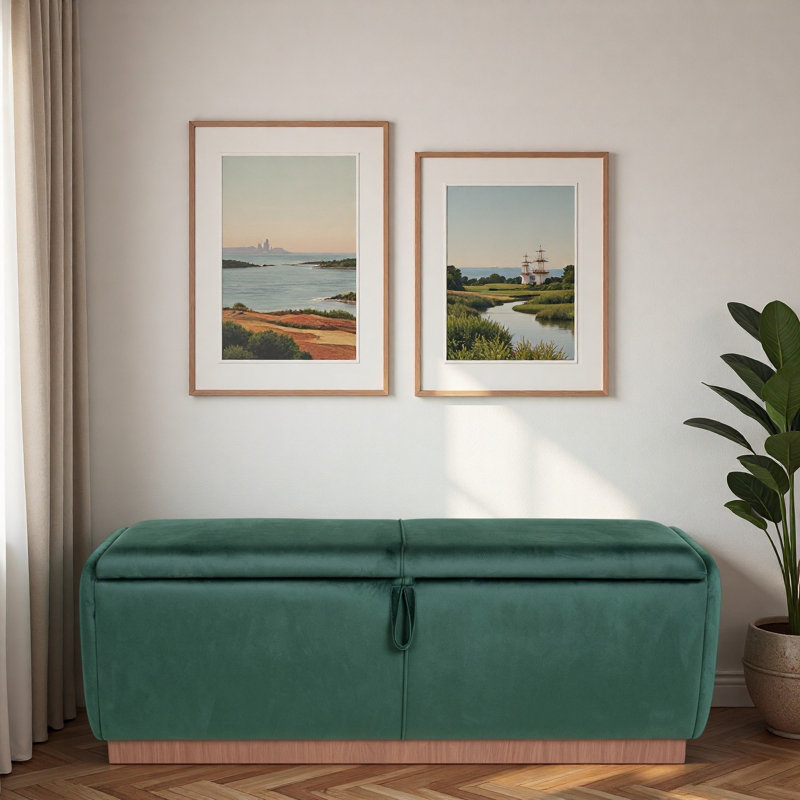 Banc moderne avec repose-pieds rembourré avec compartiment de rangement dissimulé, plateau rabattable et base en bois naturel