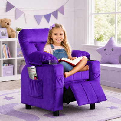 Toddler Recliner Chair with Cup Holder, Adjustable Velvet Kids Lounge Chair with Footrest and Side Pockets, Ergonomic Baby Sofa