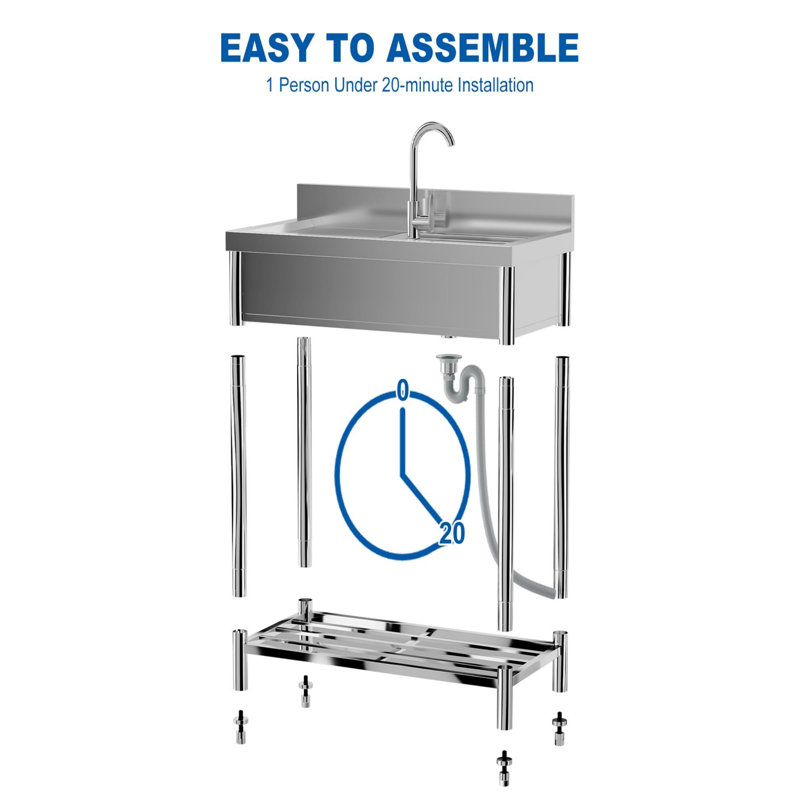 Évier de cuisine autoportant en acier inoxydable, avec robinet rotatif à 360 °, tuyaux d'eau chaude et froide, support de rangement