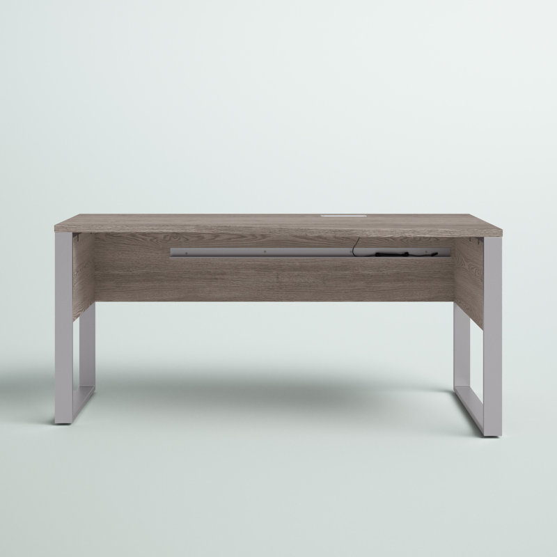 Bureau Maysey avec prises intégrées, Retour à droite, Blanc / argent