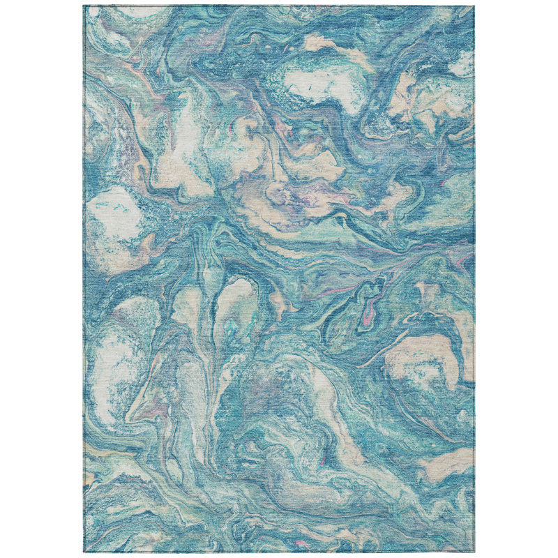 Machine Washable Indoor/Outdoor Xhevrie Teal Rug, Rectangle 10' x 14'