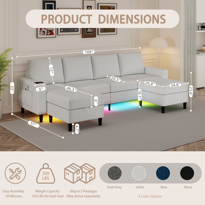 4-seater Linen Sectional Sofa With Smart Module-wireless Charging/usb/type-c/rgb Lights (white), White