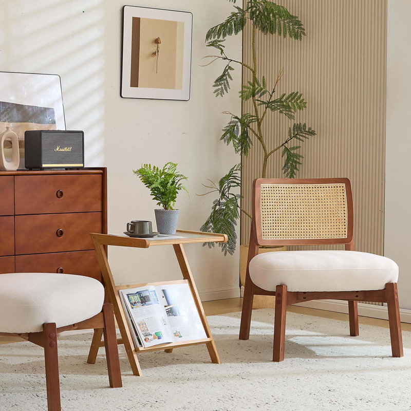 [Ensemble de 2] Méridienne beige moderne avec dossier tissé, structure en bois robuste, sièges d'appoint minimalistes et élégants pour le salon, la chambre à coucher ou le bureau