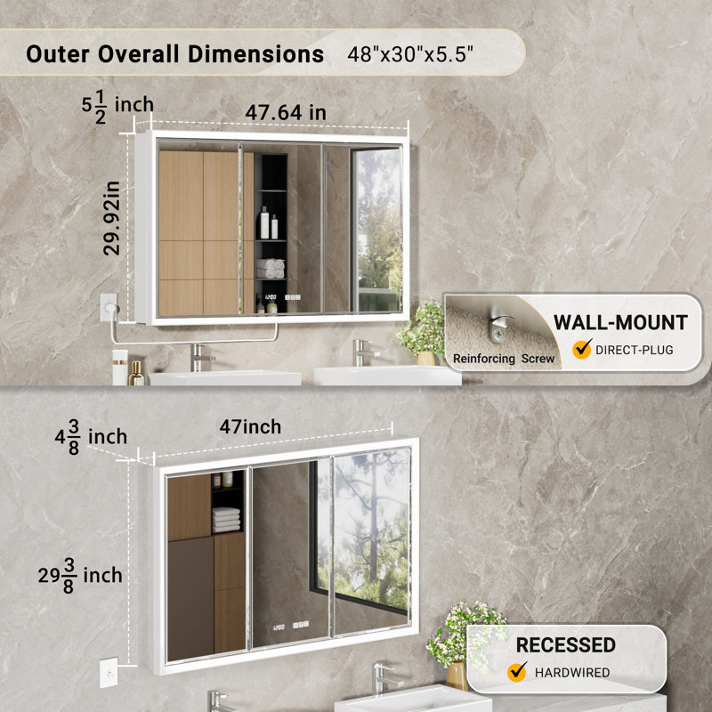 LED Medicine Cabinet with Beveled Defogger Mirror, Surface/Recessed Mount, Dimmable Lights USB Power Outlet, Clock & Sensor Light