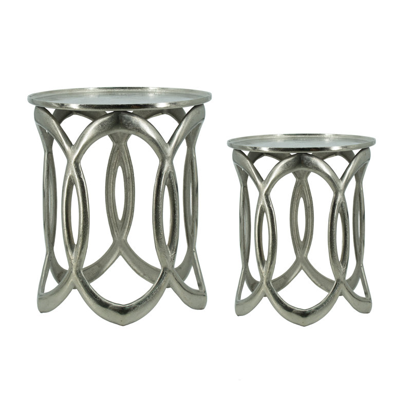 Set of 2 Nesting Side Tables, Aluminum Loop Frame, Nickel Finish, 19 & 17 Inch Rounds