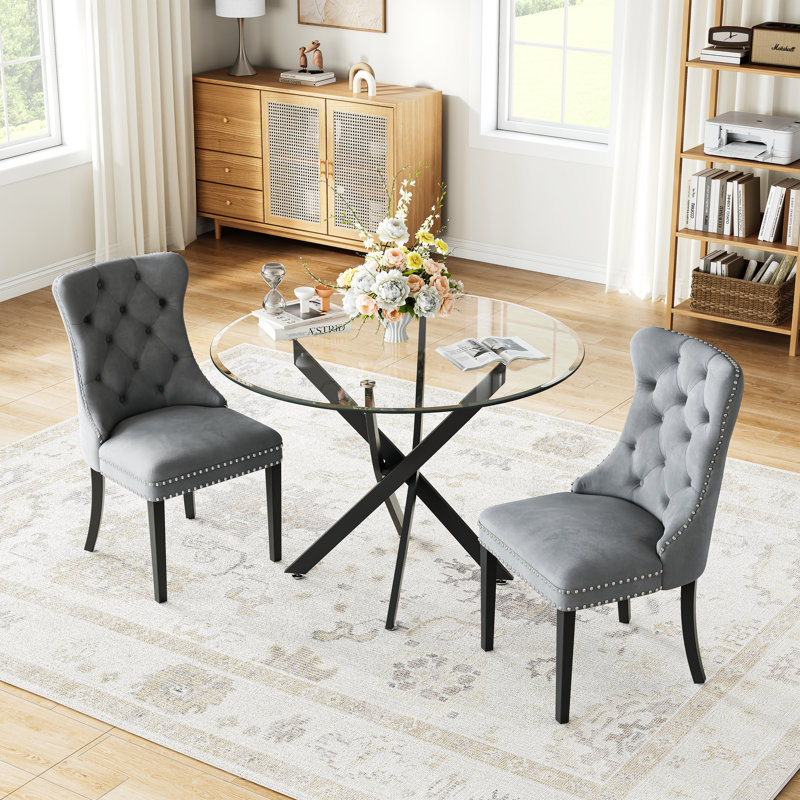3-Piece Dining Table Set, 36" Round Tempered Glass Table And 2 Tufted Velvet Upholstered Chairs With Nailhead Trim And Pull Ring
