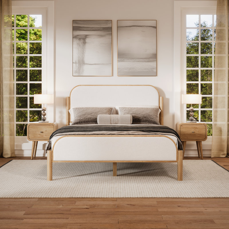 Ardin Solid Wood Bed With Boucle Upholstery, Natural, Queen