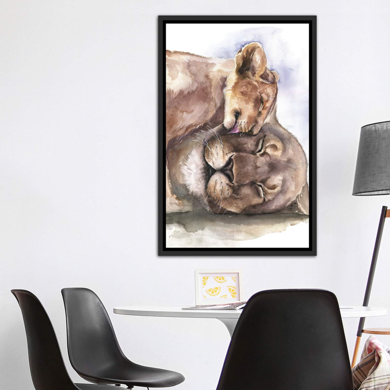 Happy Lions, art encadré, H 60 po x l 40po x P 1,5 po, Toile avec cadre noir patinée