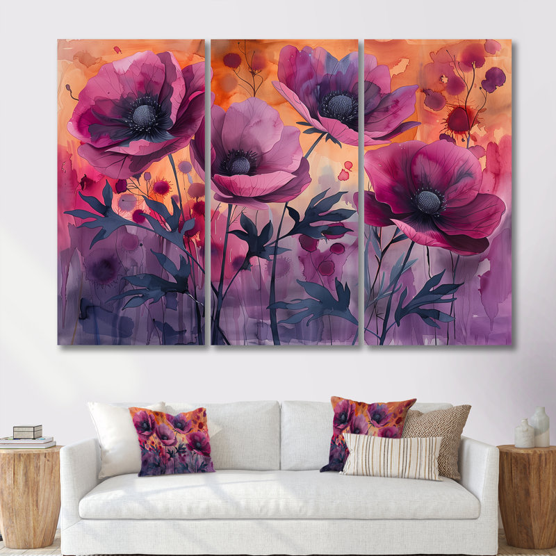 Mauve rouge délicat Poppy Meadows - Ensemble de décorations murales coquelicots, H 28 po x l 36 po x P 1 po, Toile tendue