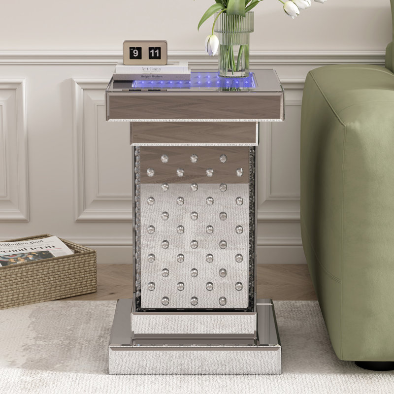 Modern Mirrored Side Table With LED Lights And Crystal Inlay For Living Room