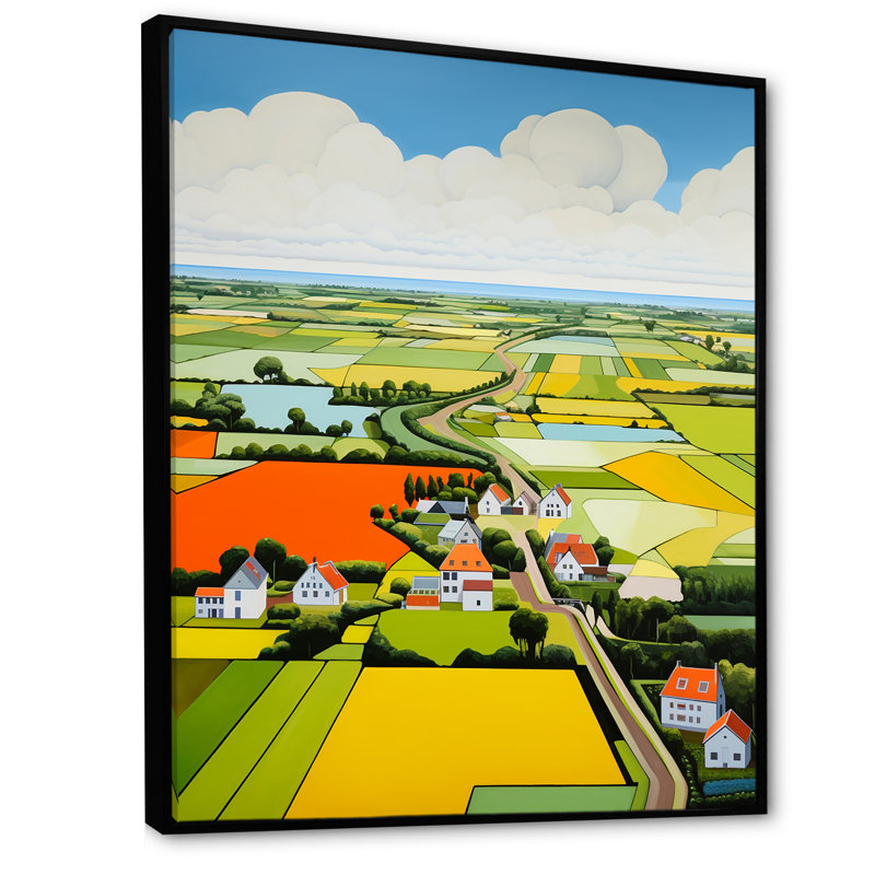 Paysage de ferme sur toile, "De Stijl", Cadre flottant noir, H 44 po x l 34 po x P 1,5 po